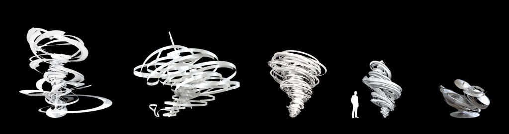 The Turbulence Series: a series of white tornado-like ribbons on a black background with a human outline for scale