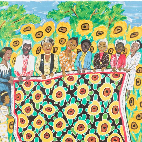 9 black women hold a sunflower quilt in a field of sunflowers with Van Gough standing beside them