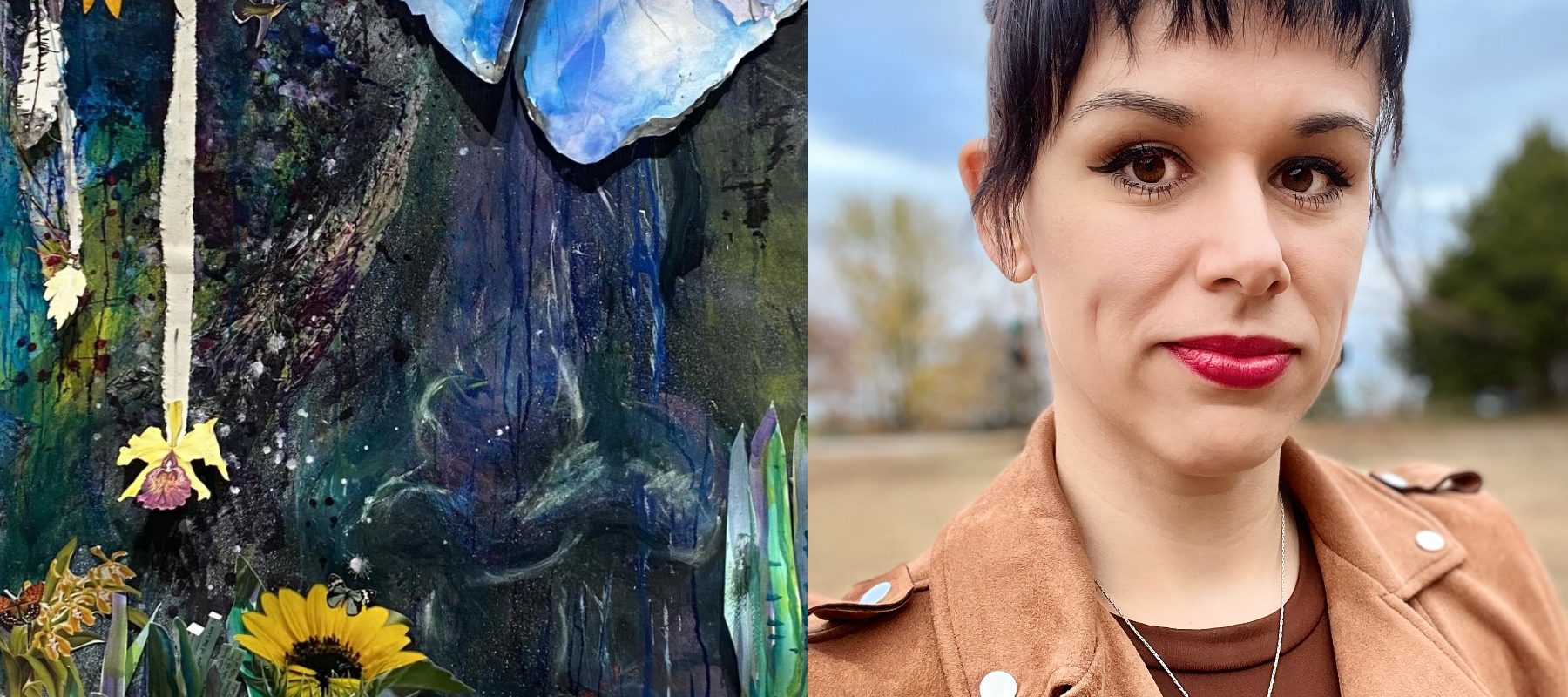 At left, art by Lori Santos, Mother Tongue (detail), 2022; mixed media, paper, watercolors, colored pencil, collage. Courtesy of the artist. On the right is a photo of Tatiana Larsen