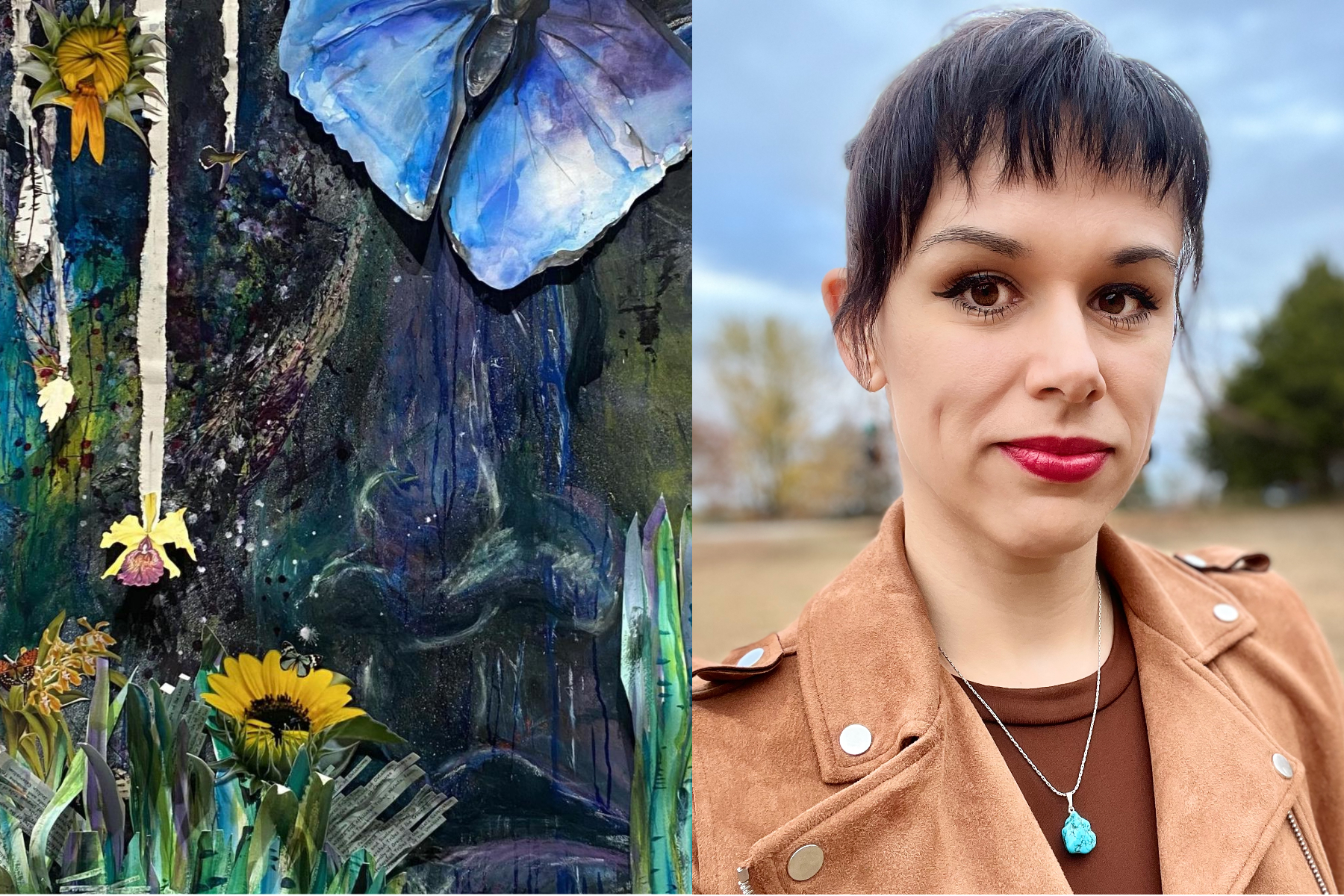 At left, art by Lori Santos, Mother Tongue (detail), 2022; mixed media, paper, watercolors, colored pencil, collage. Courtesy of the artist. On the right is a photo of Tatiana Larsen