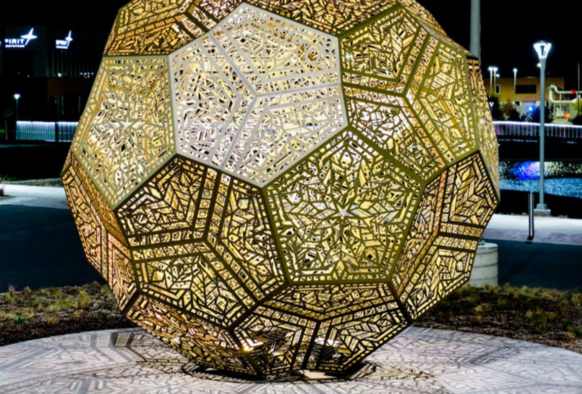 soccer-ball like stainless steel sphere with gold powder-coating,12 ft. diameter