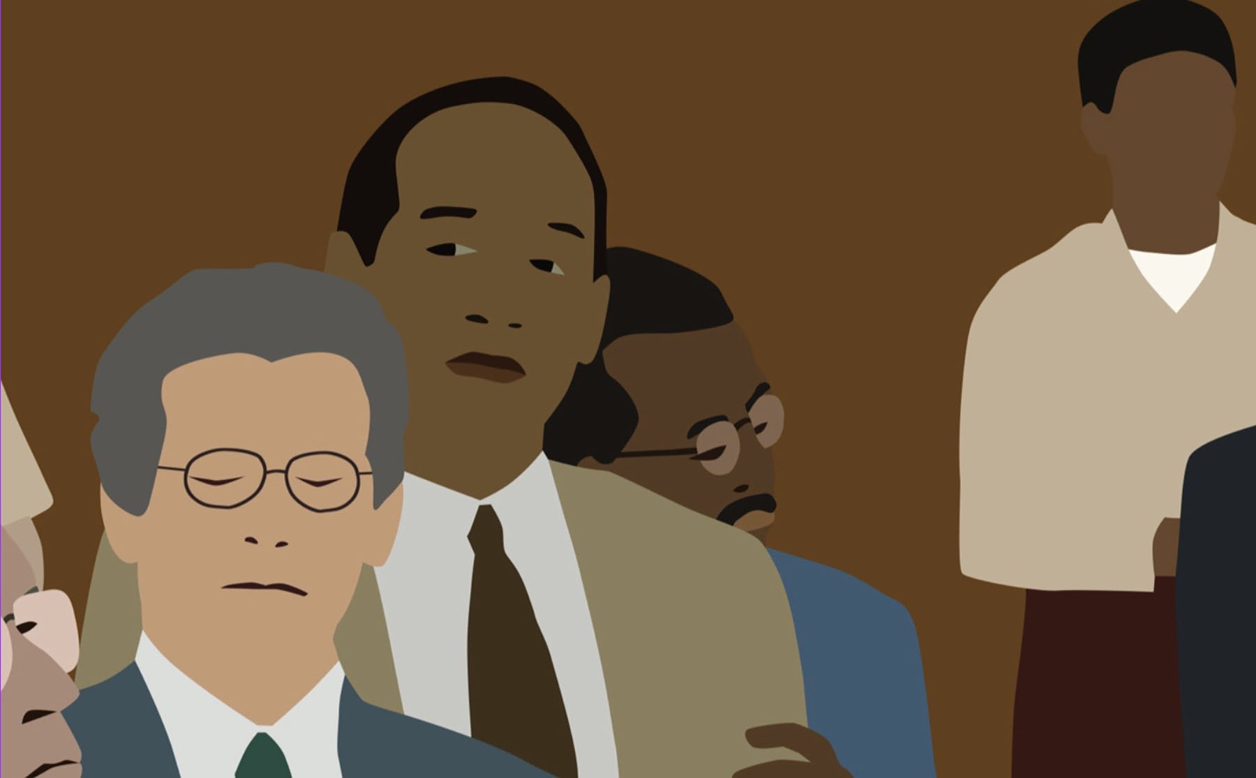 This still from moving image work The Simpson Verdict by Kota Ezawa shows an animated version of a courtroom scene featuring a depiction of O.J. Simpson.