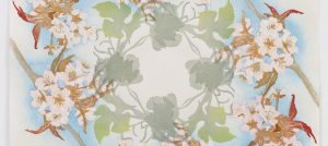 This detail of a Japanese print contains floral and leaf patterns.