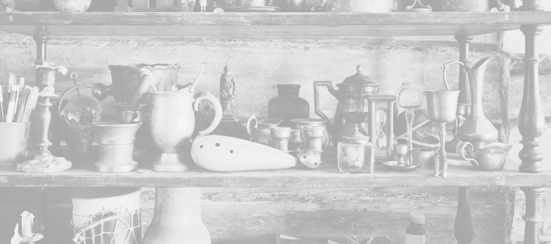 Many sentimental items appear on a shelf, including pitchers, vases, teacups, an ocarina, and art supplies