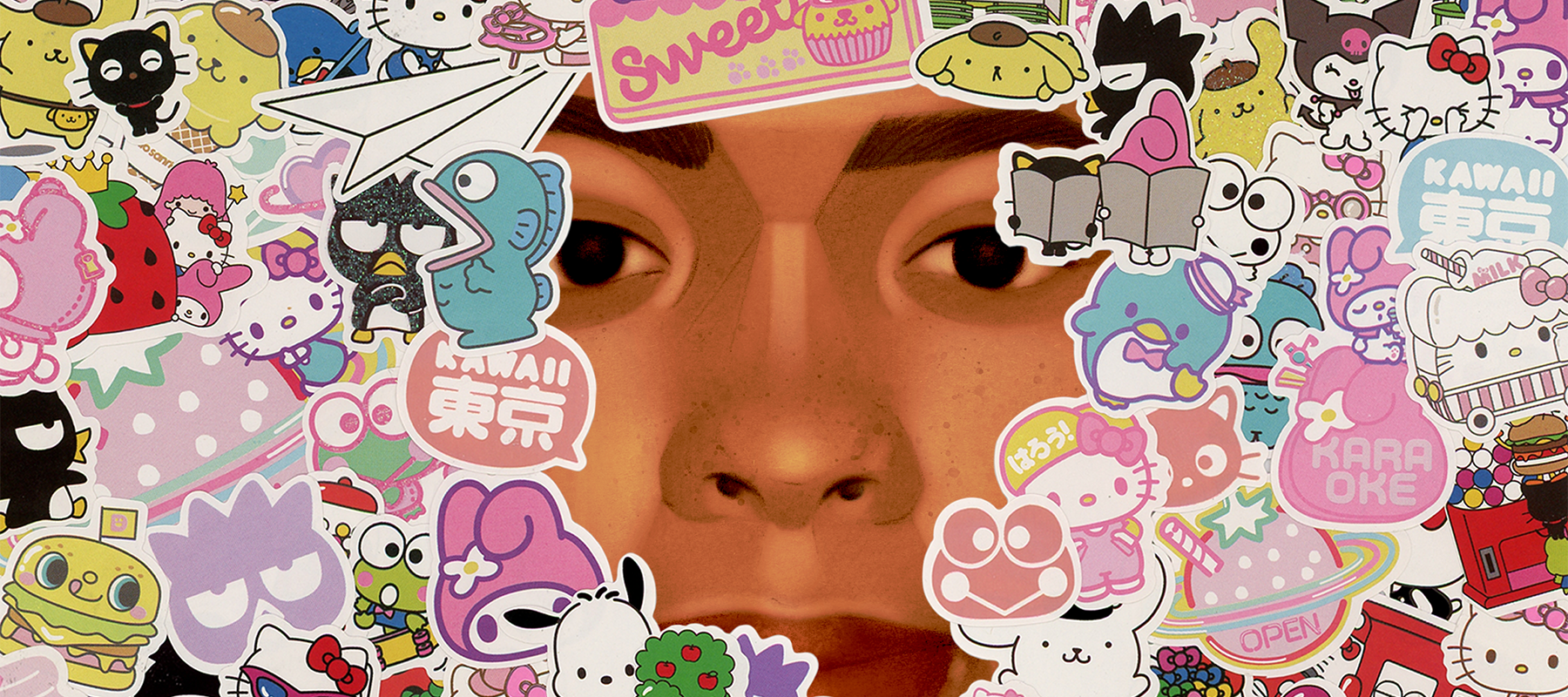 A young woman's face is partially obscured by pop culture stickers of various characters including Hello Kitty.