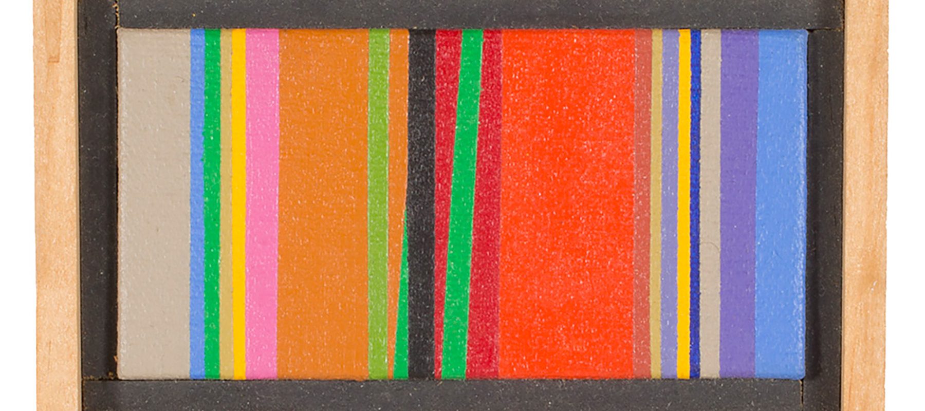 Varying colors of vertical stripes make up this short, wide painting.