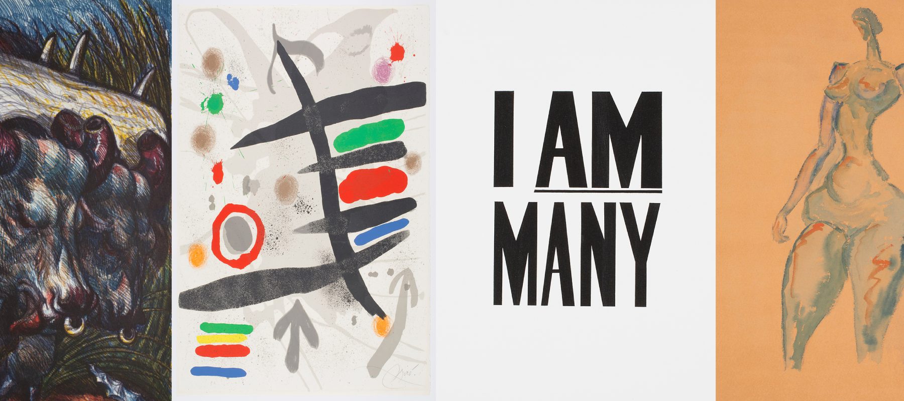 For details from artworks in a row: from left to right, a closeup of oxen from a sculpture, an abstract constructed of black, green, red and blue lines, the words "I AM MANY," and a sketch of a female figure.