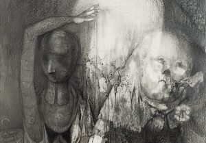 A black and white drawing of two humanlike figures.