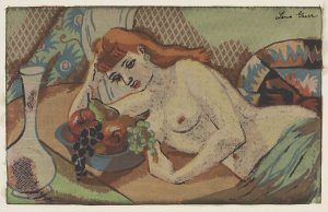 A painting of a woman relaxing on a bed with a bowl of fruit.