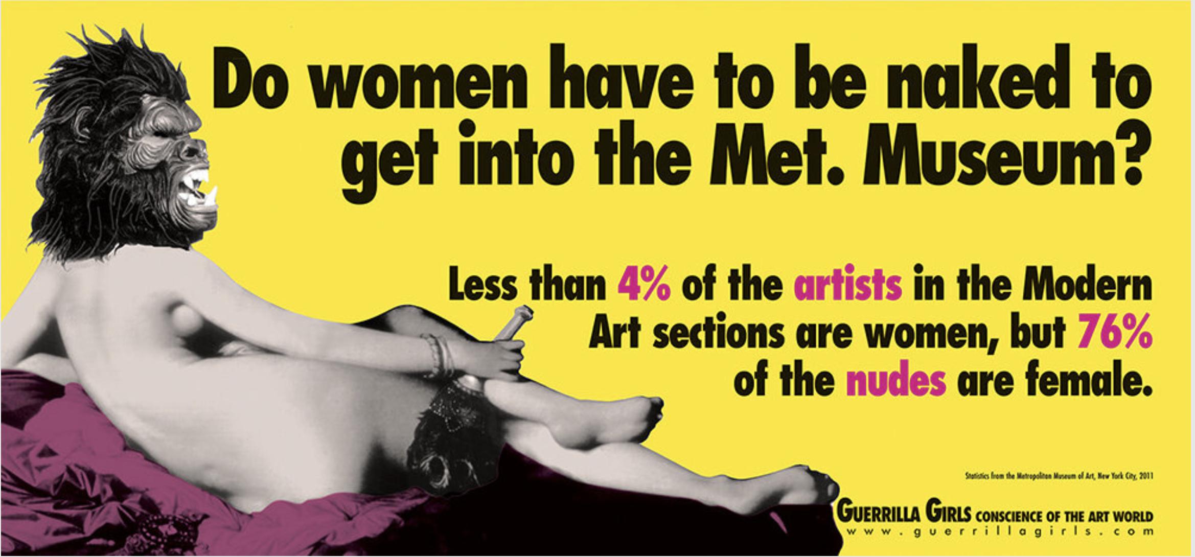 A woman in a gorilla mask lays naked on a lounge chair. This text: Do women have to be naked to get into the Met. Museum?