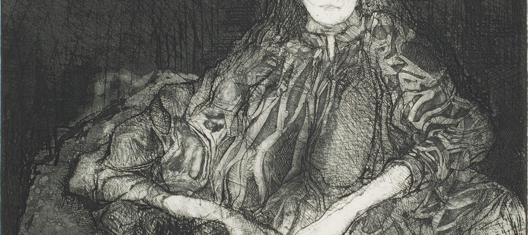 A ghost-like female figure sits on a couch.