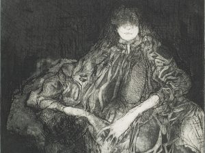 A ghost-like female figure sits on a couch.