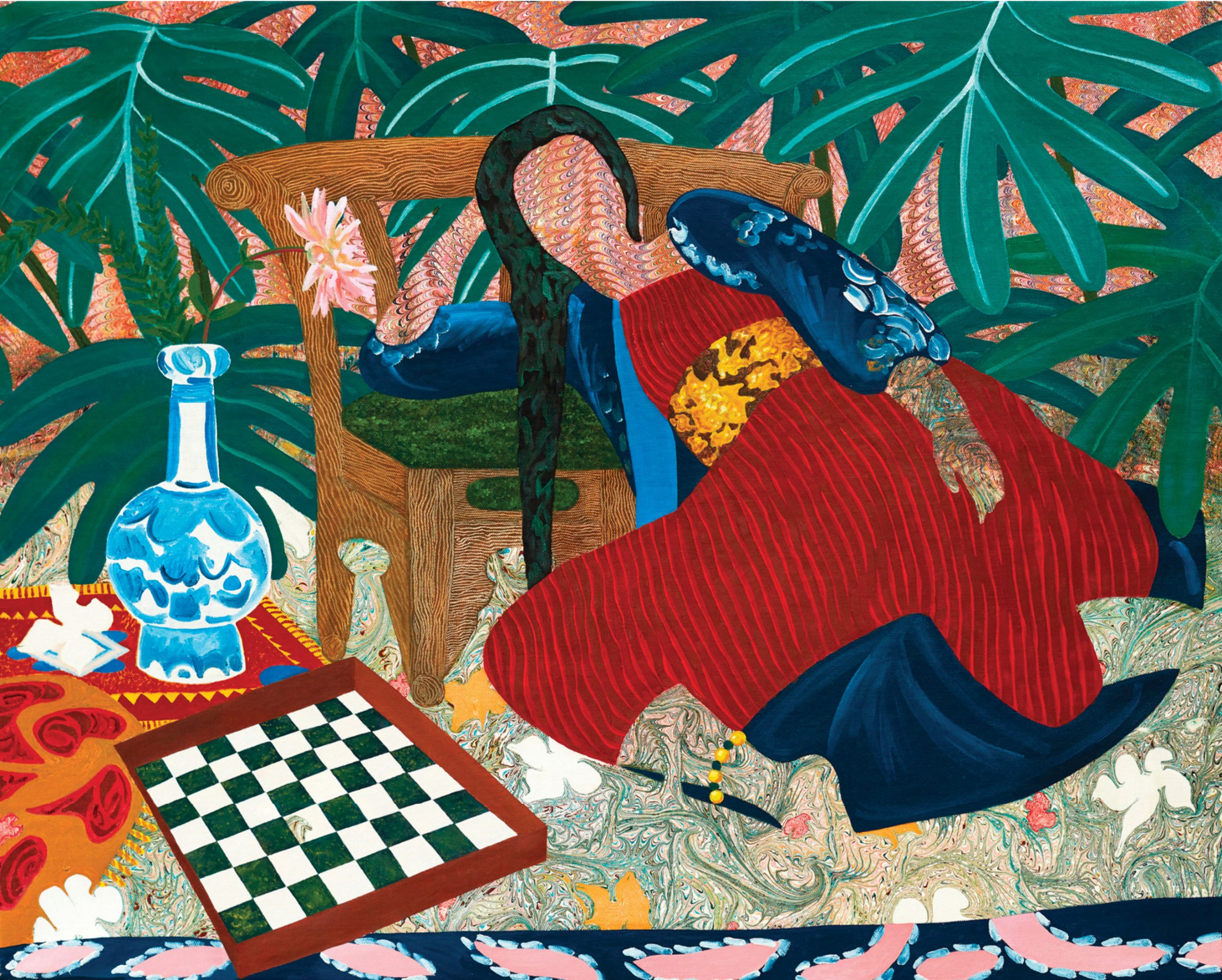 A female figure reclines on a chair in an impressionistic style with patterns inside the shapes that comprise the image