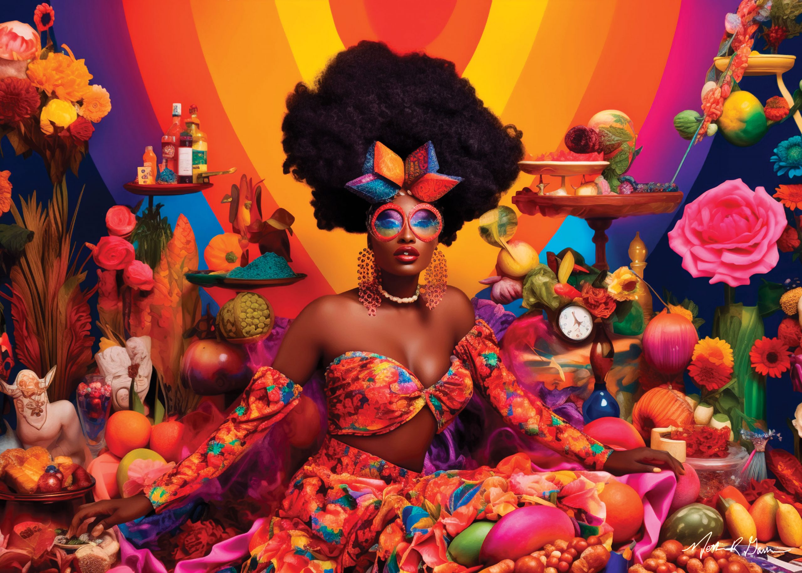 A Black woman in a colorful orange dress and sunglasses among orange fruits and a warm-hued background