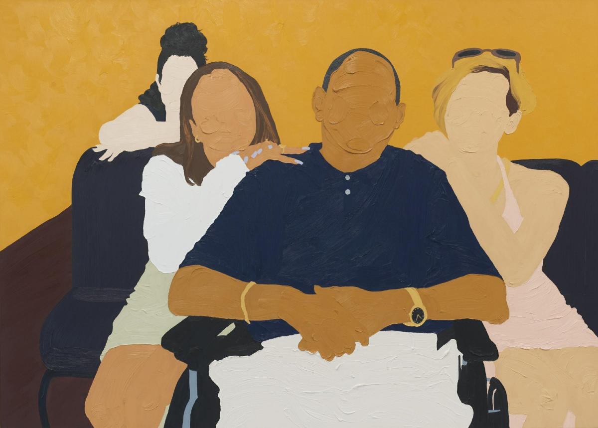 A painting of a man and three women