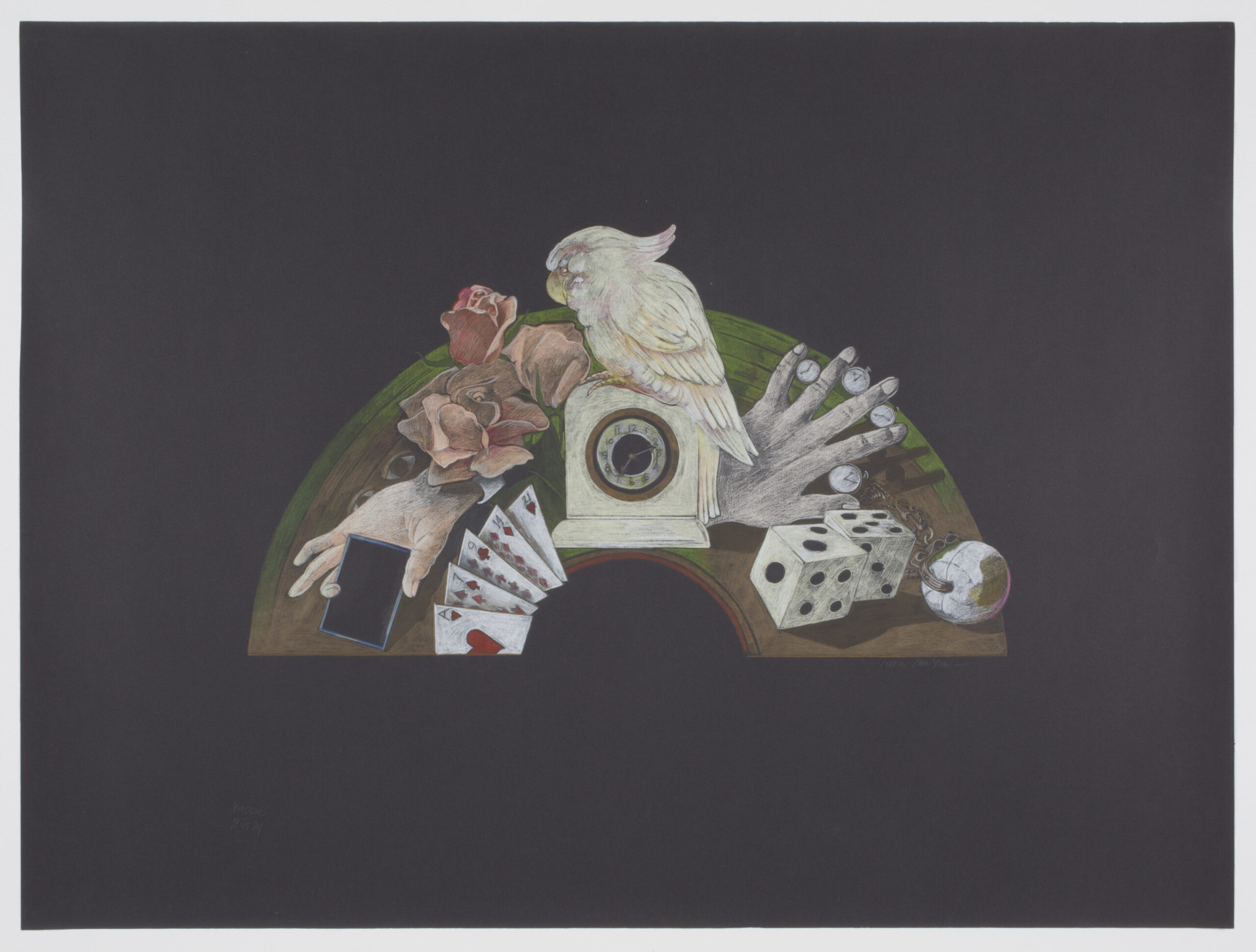 A magician's tools: white bird, cards, dice, gloves.