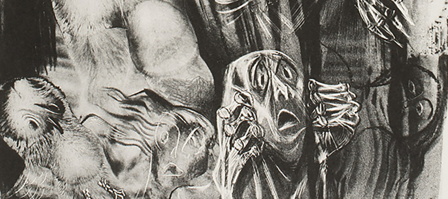 Black and white drawing of scared faced.
