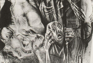 Black and white drawing of scared faced.