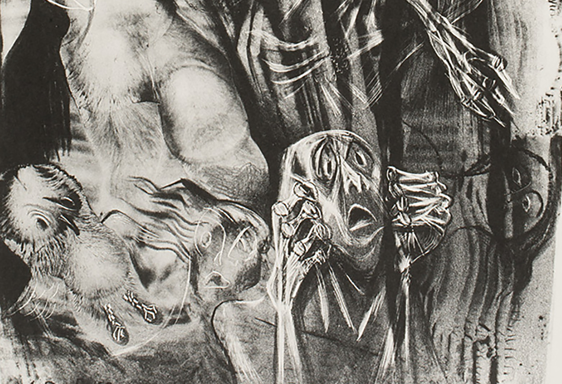 Black and white drawing of scared faced.