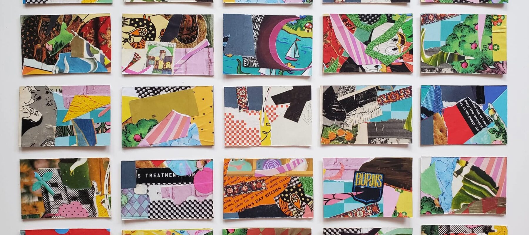 a line-up of small, colorful collages.