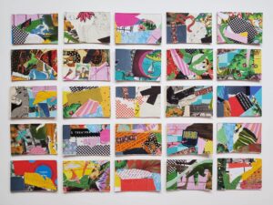 a line-up of small, colorful collages.