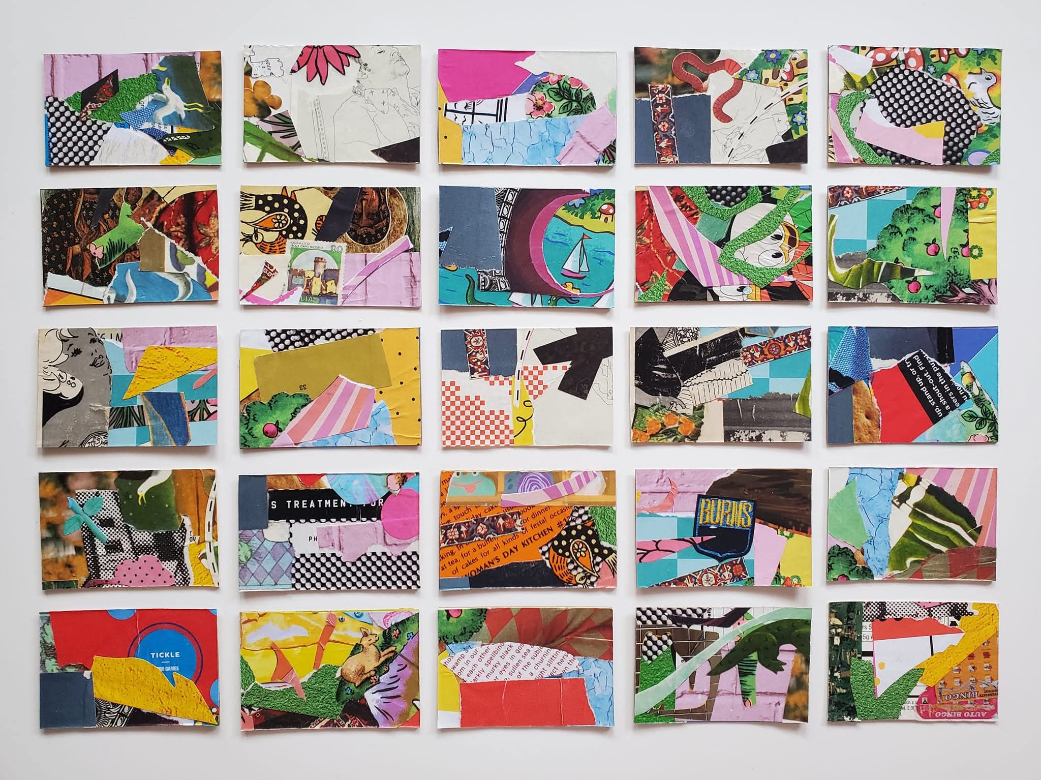 a line-up of small, colorful collages.