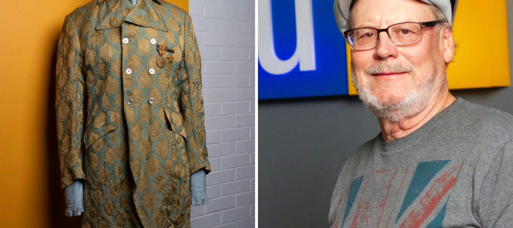 Left: a brocade men's jacket from the 1960s. Right: Wichita musician Ron Starkel.
