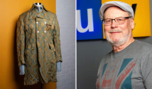 Left: a brocade men's jacket from the 1960s. Right: Wichita musician Ron Starkel.