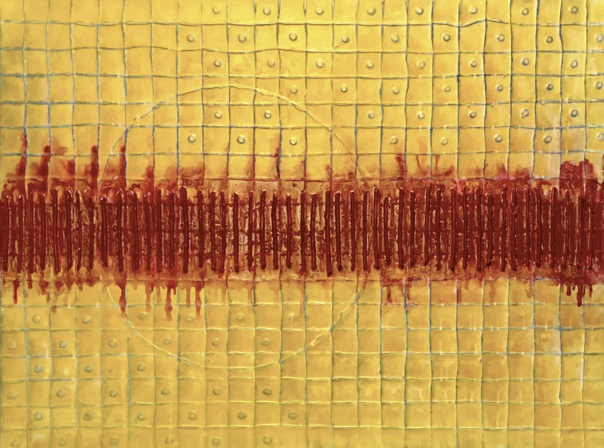 Abstract encaustic in yellow and red.
